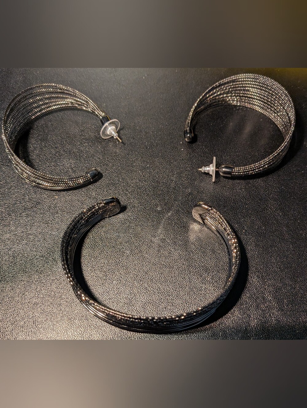 Black Multi-String Open Cuff Bracelet With Large Matching Earrings